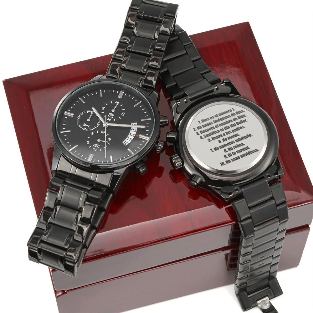 Los Diez Mandamientos Engraved Stainless Steel Watch Inspirational Message L